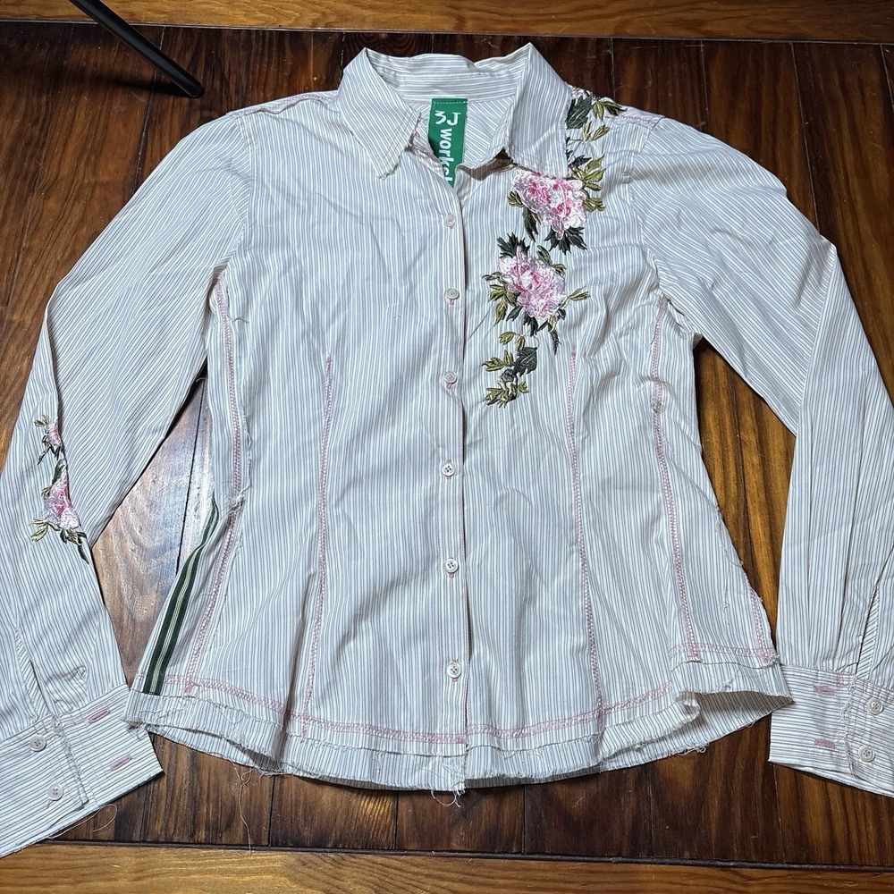3J Workshop Johnny Was Floral Embroidered Stripe Button Up Top M A1130
